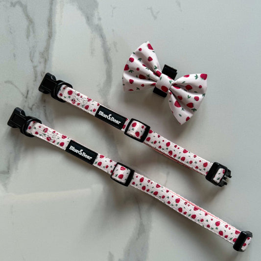 Pink strawberry dog collars and pink bow tie on marble tile