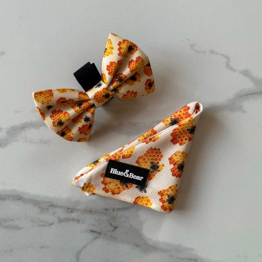 Yellow dog bow tie and yellow dog bandana with honey bees