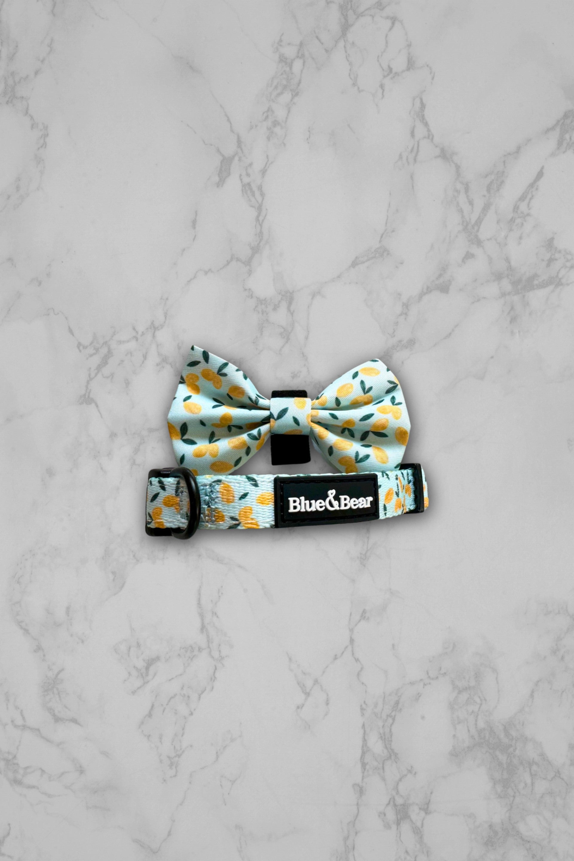 Blue dog collar and bow tie with lemon pattern on marble tiles