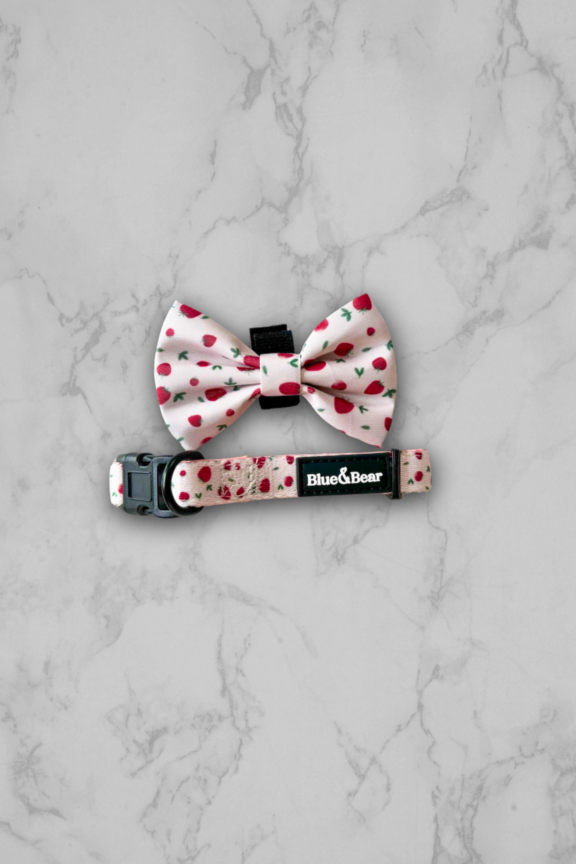 Pink strawberry dog collar and bow tie on marble tile