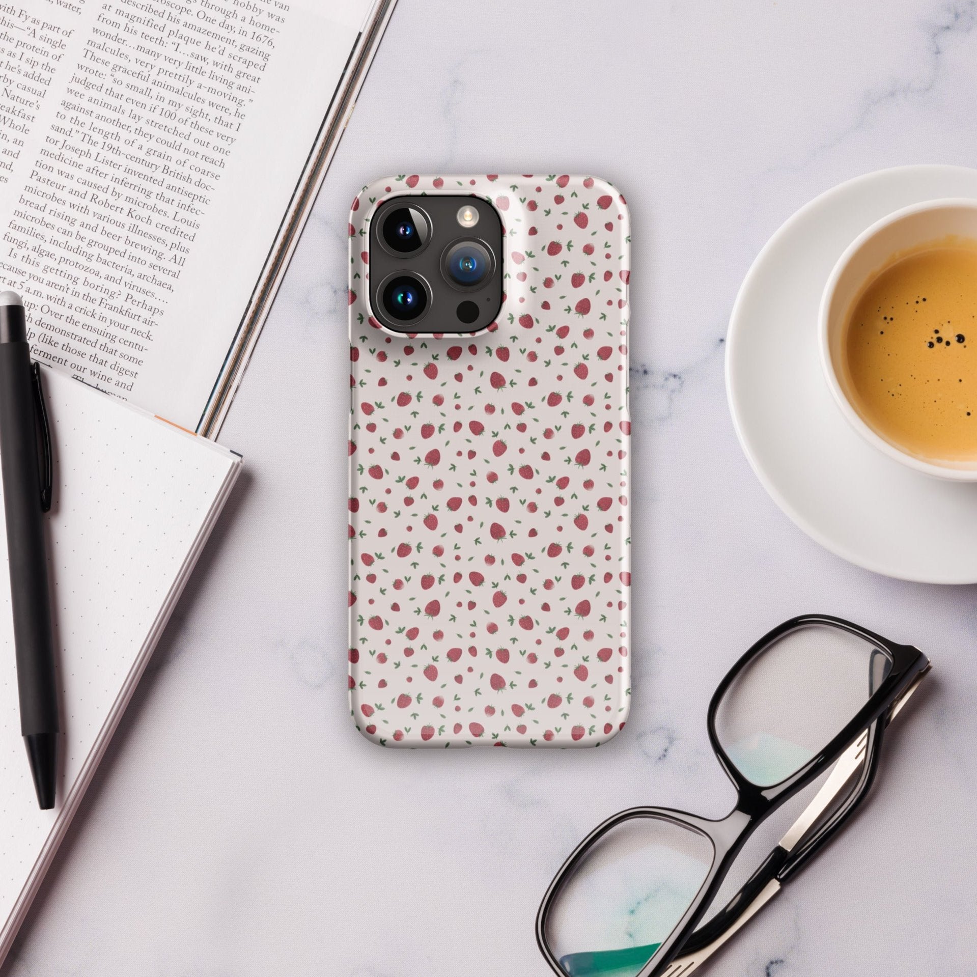 Pink strawberry iPhone phone case with cofee mug