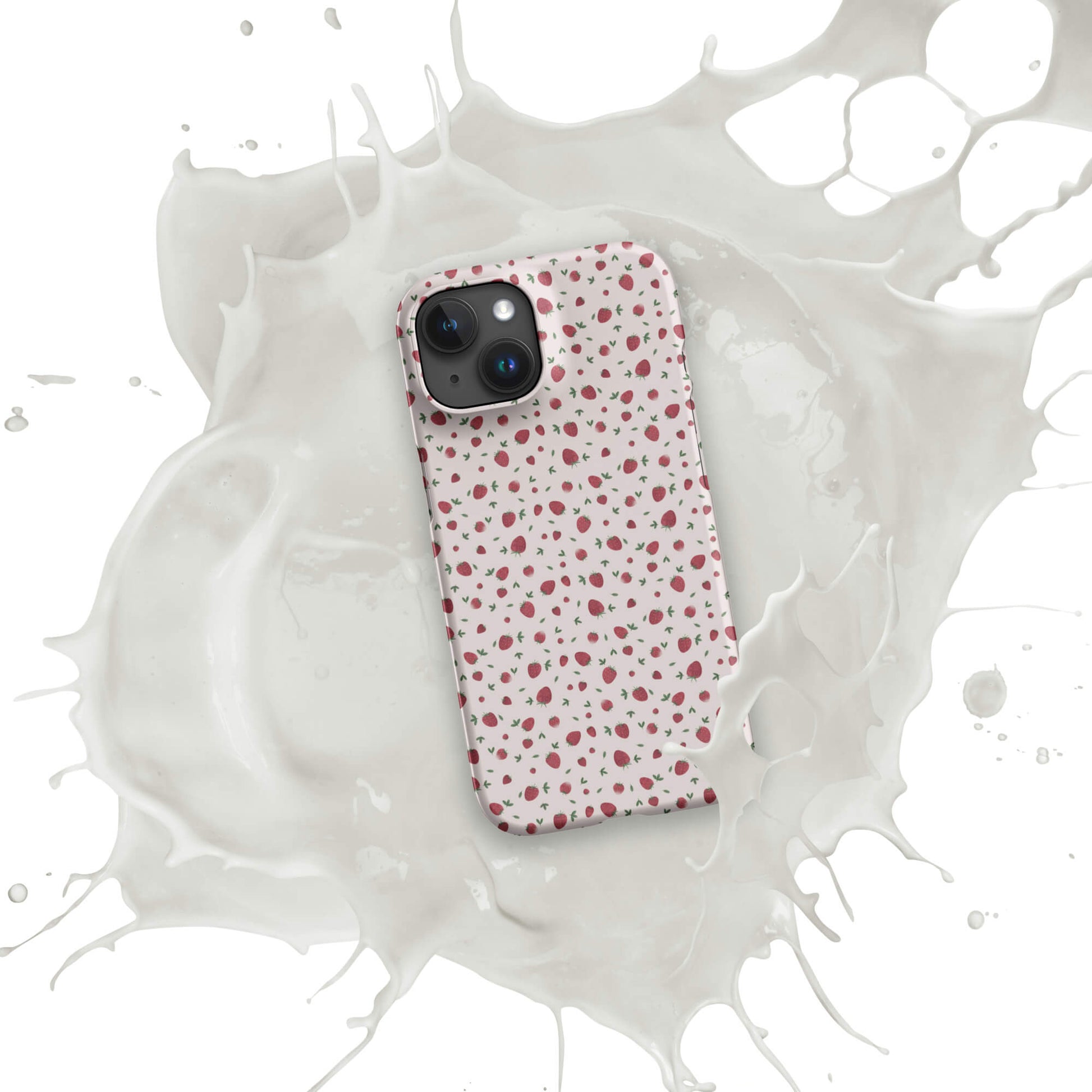 Strawberry pink iPhone case mockup in white paint splash