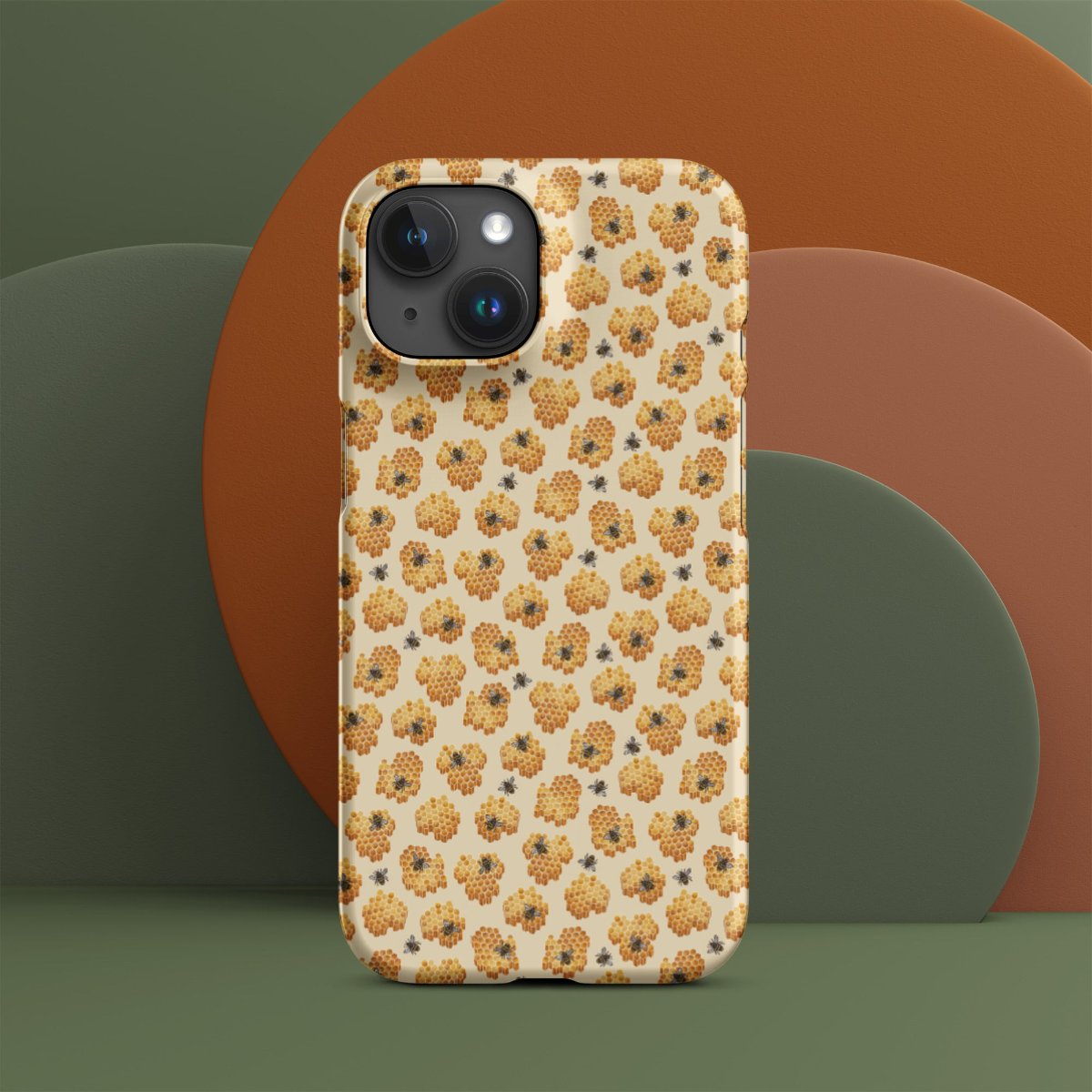 Yellow phone case with honeybee pattern on abstract background