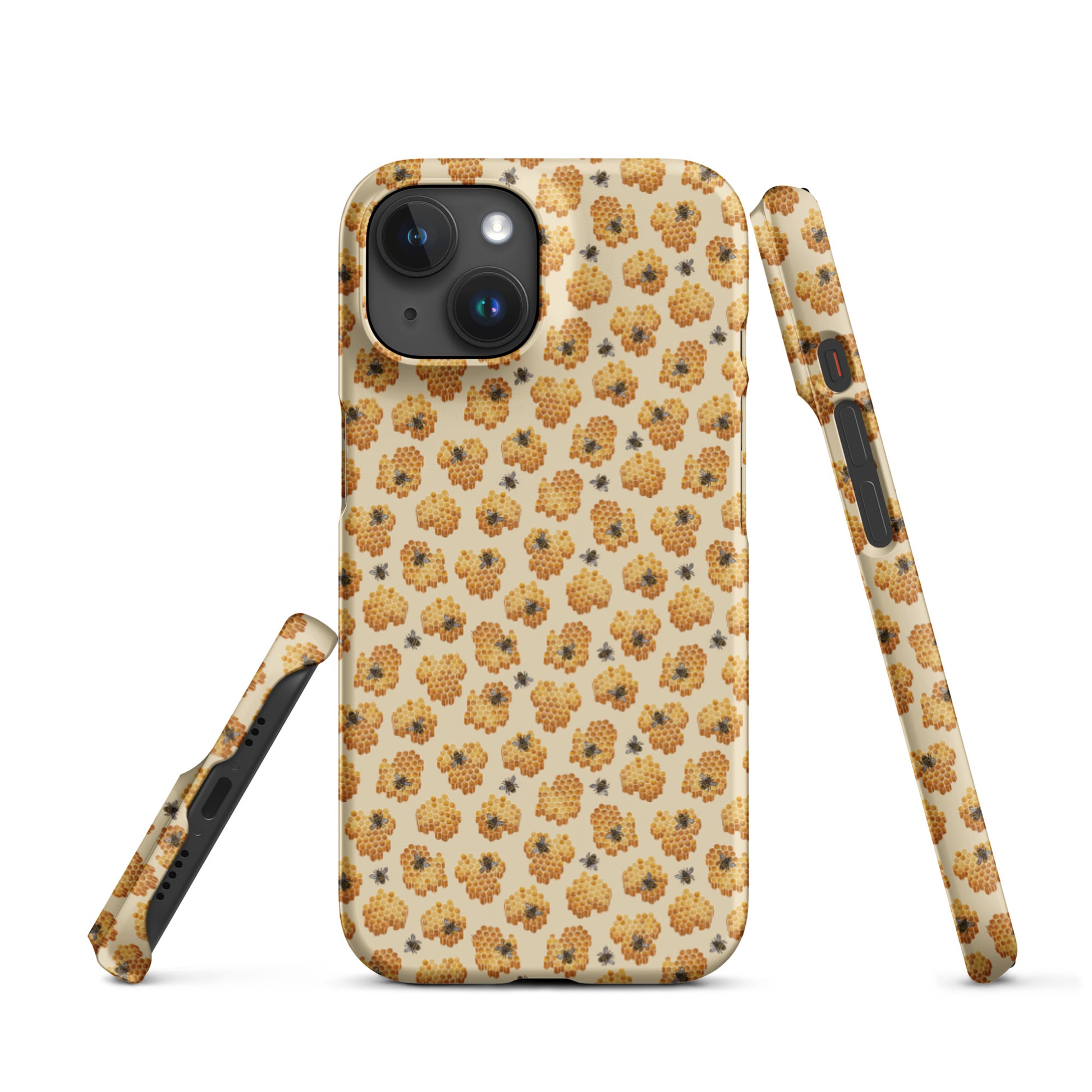 Yellow phone case with honeybee pattern multiple angles